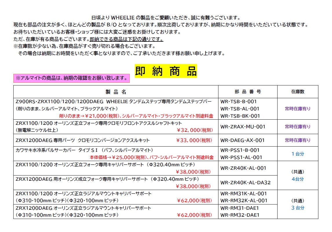 パーツリスト | ヴィレットパーツ・スイングアーム Wheelie ウィリー
