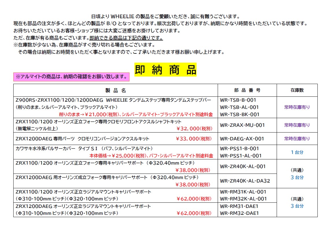 パーツリスト | ヴィレットパーツ・スイングアーム Wheelie ウィリー